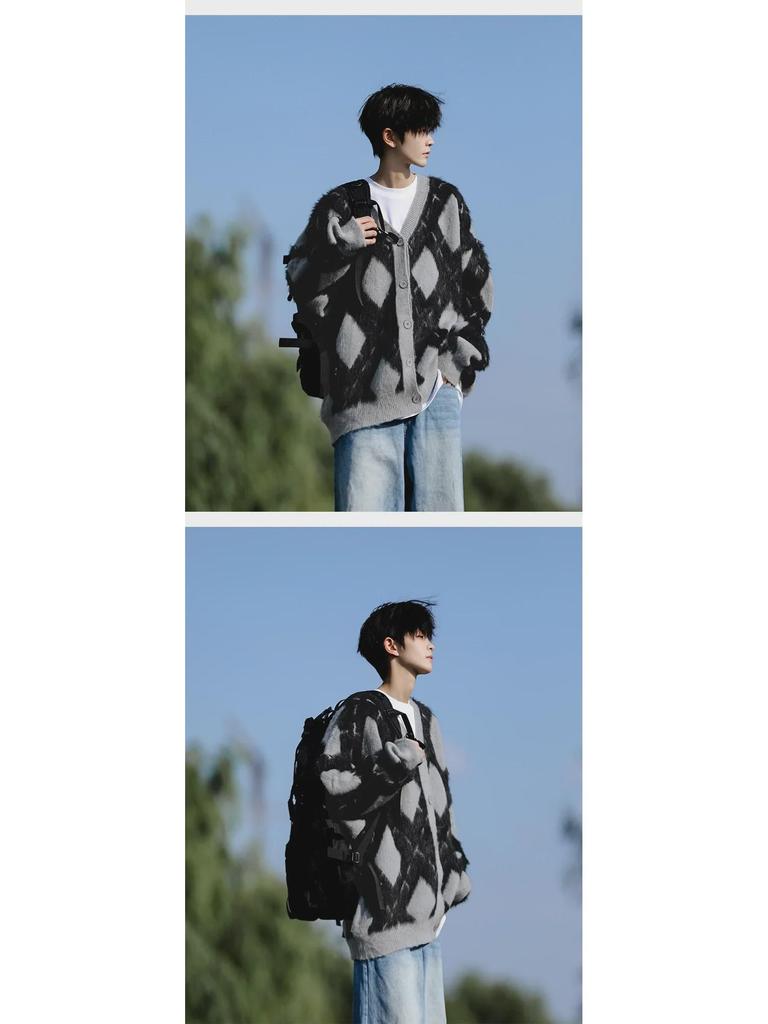 Herren Retro College-Stil Rautenmuster Strickjacke - Herbst/Winter Freizeitstrickpullover für Paare.