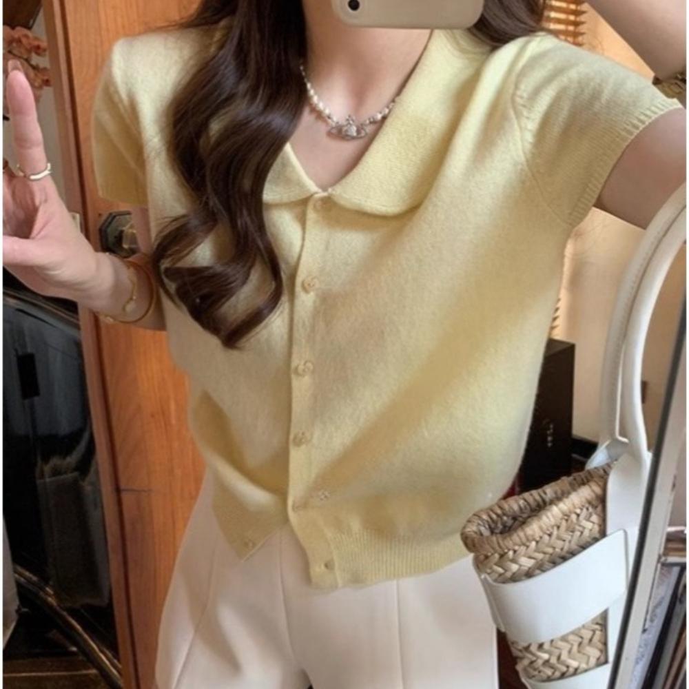 Summer Slim-fit Stylish and Fashionable Design Short-sleeved Top with A Sweet and Youthful Baby Doll Collar and Knitted Short Sleeves for Women
