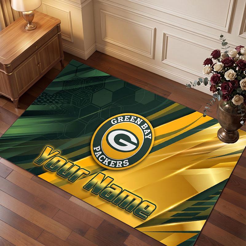 Green Bay Packers Personalized Crystal Velvet Carpet, Customized Name Text Soft Anti‑Slip Rug for Living Room Bedroom