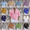 Men's Summer Cotton-Linen Collared Beach Shirt Long-Sleeved Solid-Colour Hawaiian Holiday Attire