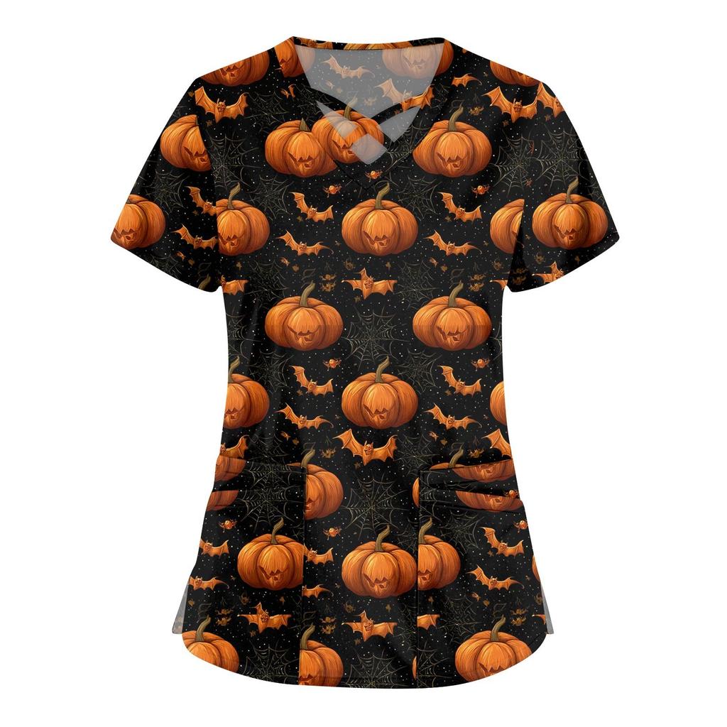 Women's Fashion Cross V Neck Short Sleeve Overalls Double Pockets Halloween Printed Tops Uniforms