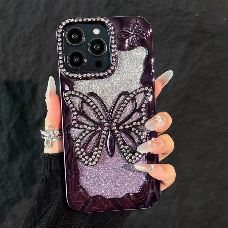Soft Butterfly Diamond Phone Case For iPhone 11 12 13 14 15 16 17 Pro Max Plus Air Glitter Bumper Back Cases Cover