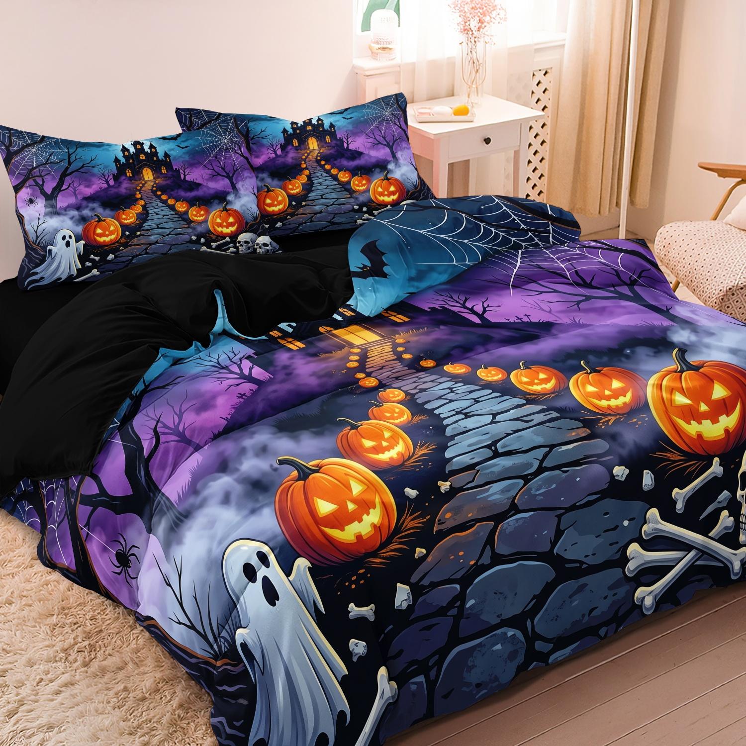Ensemble de 3 housses de couette imprimées Château Squelettique d'Halloween, Literie Imprimée Maison Hantée Crâne Fantôme Nuit Violette 160x210cm(63x83inch)&set gray