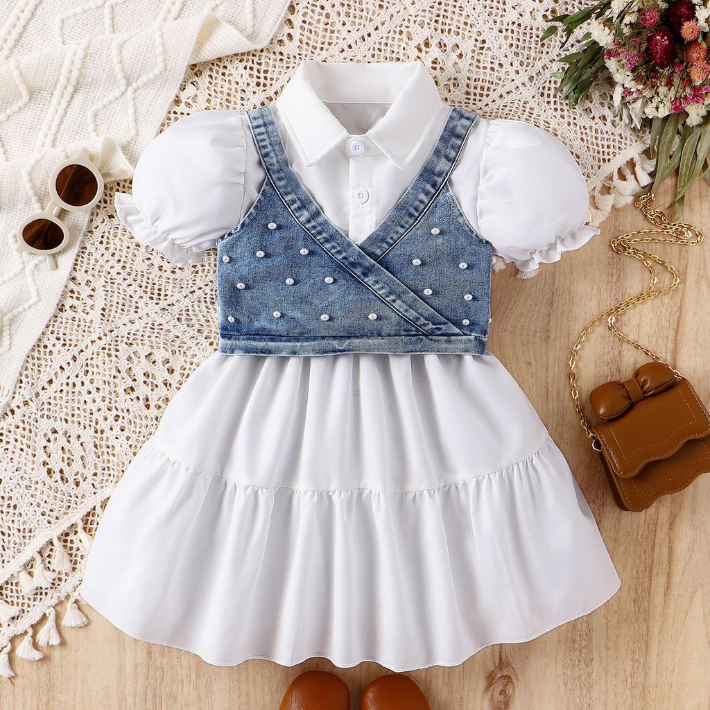Sommer Kinder Revers Blase Kurzarm Shirt Kleid Denim Perle Weste Mädchen Anzug