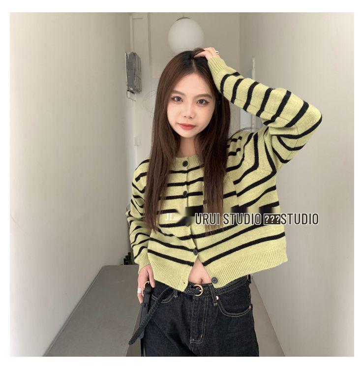 Zelený pruhovaný úplet Dámský retro kardigan - Podzimní ležérní styl, Dlouhý rukáv, Krátký svetrový kabát