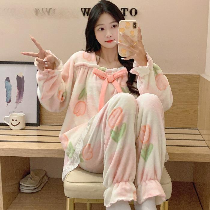 Flannel Pajamas Women Ins Autumn and Winter Coral Fleece Sweet Home Service Suit