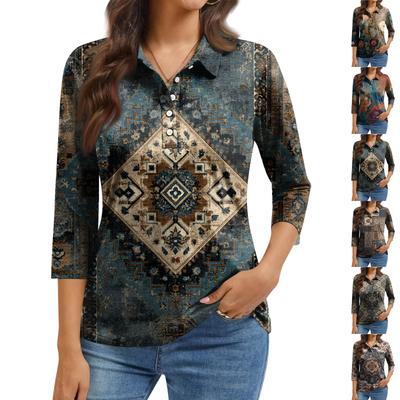 Women's Fashion Casual Lapel Short 3/4 Sleeve Print Shirt Women's Button Up Tops