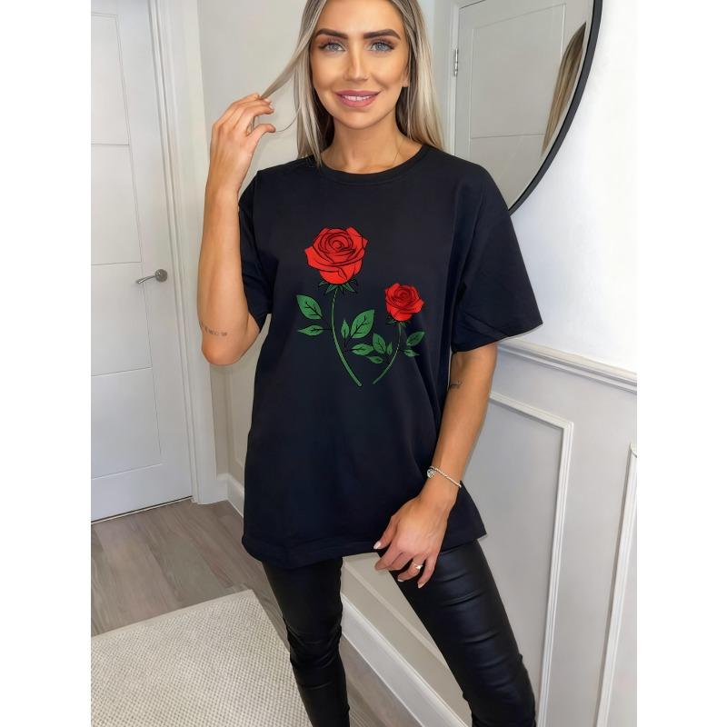 Black Oversized T Shirt With Red Rose Print For Casual Wear