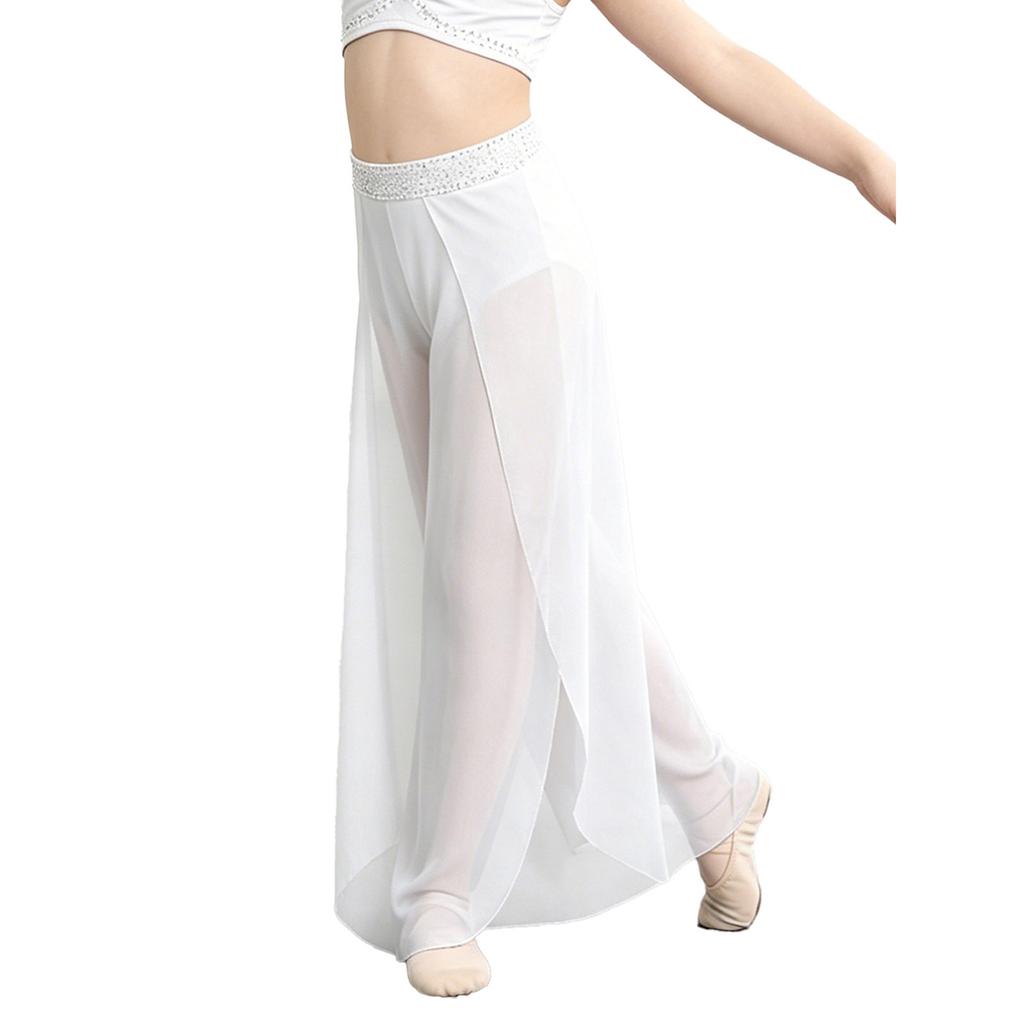 Traje de Dança Lírica para Meninas Cintura Brilhante com Strass Calça de Tela com Fenda Lateral