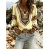 Fashionable Lady's V-neck Long-sleeved Top, with Fringed Sleeves and Retro Patterned Design. Suitable for Summer Vacations and Outdoor Gatherings.
