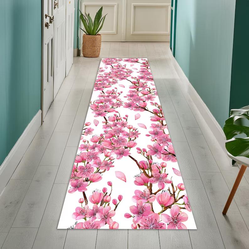 

Cherry Blossom Floral Runner Rug Navy Ethnic Hallway Carpet Home Decor Runner Rug Soft Non-slip Floor Mat Living Room Bedroom 40X120CM