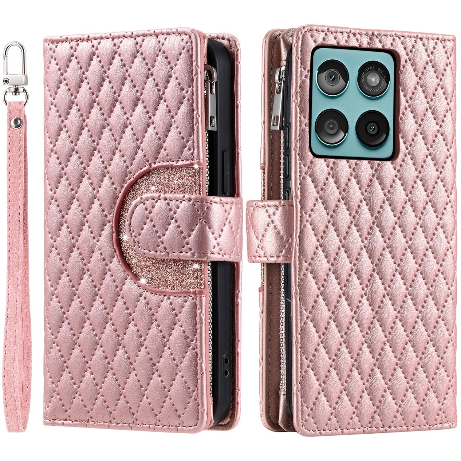 

Style 012 for Motorola Edge 60 5G/60 Fusion 5G Case Zipper Pocket Glitter Leather Phone Cover Rose Gold