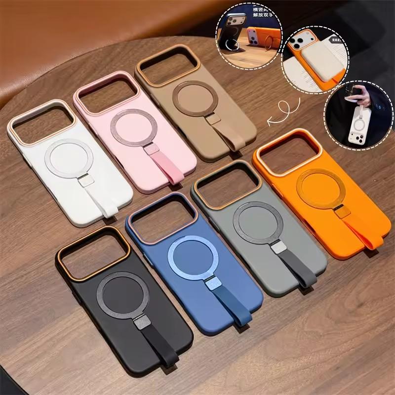 For Magsafe Magnetic Bracket Grip Ring Case For iPhone 17 16 Plus 15 14 13 12 Pro Max 17 Air Soft Silicone Wrist Strap Cover