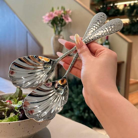 Serving Spoon Hammer-Grain Handle Shell Shape Design Polished Mirror Finish Soup Spoon Kitchen Tableware