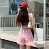 2025 Korean Style Pink Raw Hem Tassel Denim A-line Shorts for Women - Summer Street Style