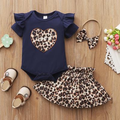 Newborn Infant Baby Girls Valentine Leopard Print Romper Bodytsuit+Skirt Set