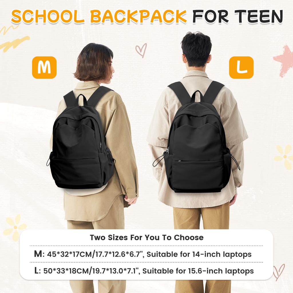 School Backpack Black Waterproof Bookbag Casual Lightweight Laptop Travel Rucksack Daypack School Bags for Boys Girls Teens