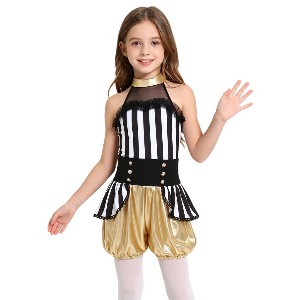 Costume Jumpsuit da Domatore di Circo per Bambina Senza Maniche Patchwork Vita Sovrapposta Romper Metallico