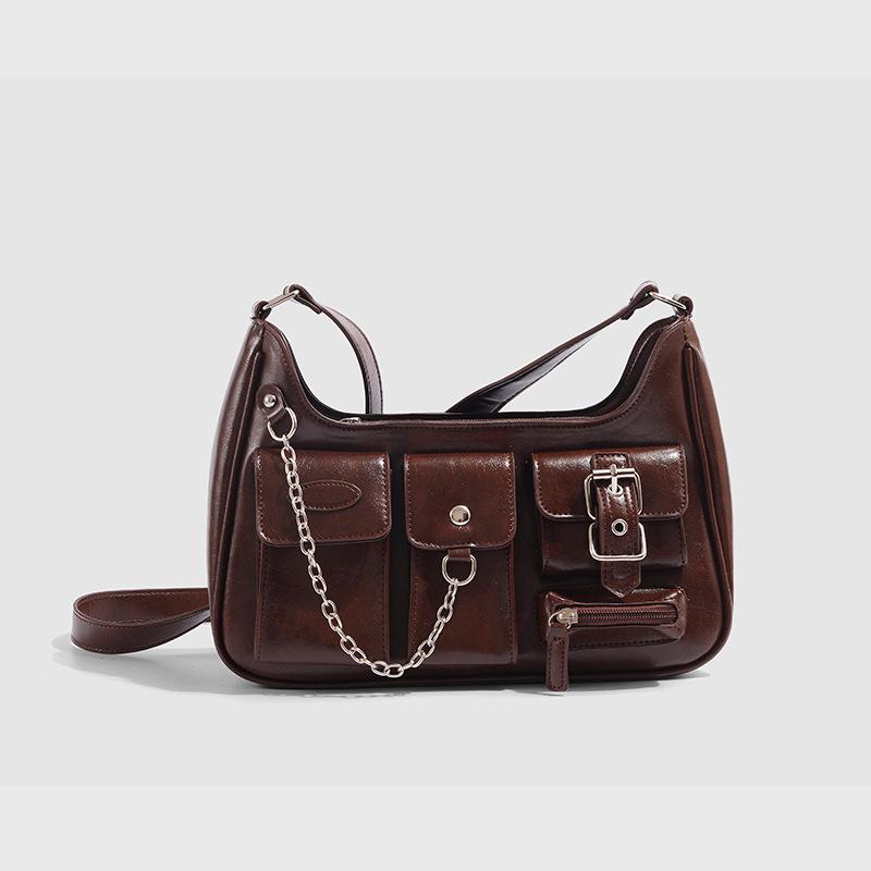 Niche Vintage Hong Kong-Style Patent Leather Motorcycle Shoulder Bag for Millennial Hot Girls