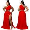Plus Size Women's One Shoulder Cut Out Maxi Dress Chain Detail Ruched High Slit Party Gown
