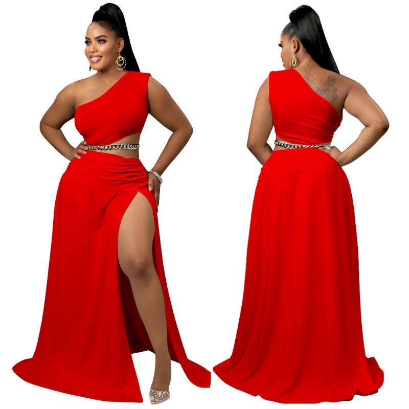 Plus Size Women's One Shoulder Cut Out Maxi Dress Chain Detail Ruched High Slit Party Gown
