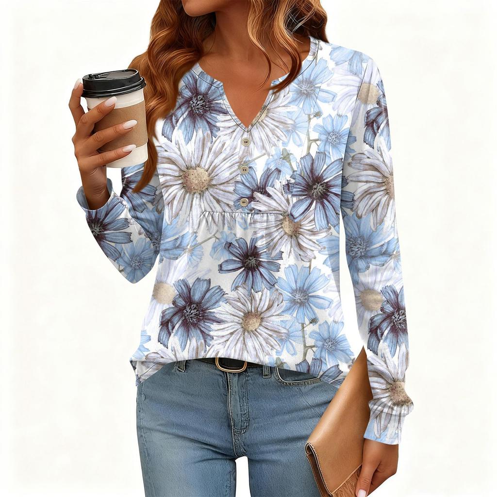 Γυναικείο Χαλαρό, V-λαιμόκοψη, Ρετρό Χρώμα, Μπλοκ με Φλοράλ Σχέδιο, Μακρυμάνικο Πουλόβερ T-shirt