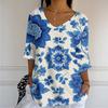 Women's Casual And Fashionable V-Neck Floral Print Seven Quarter Sleeved Top Top