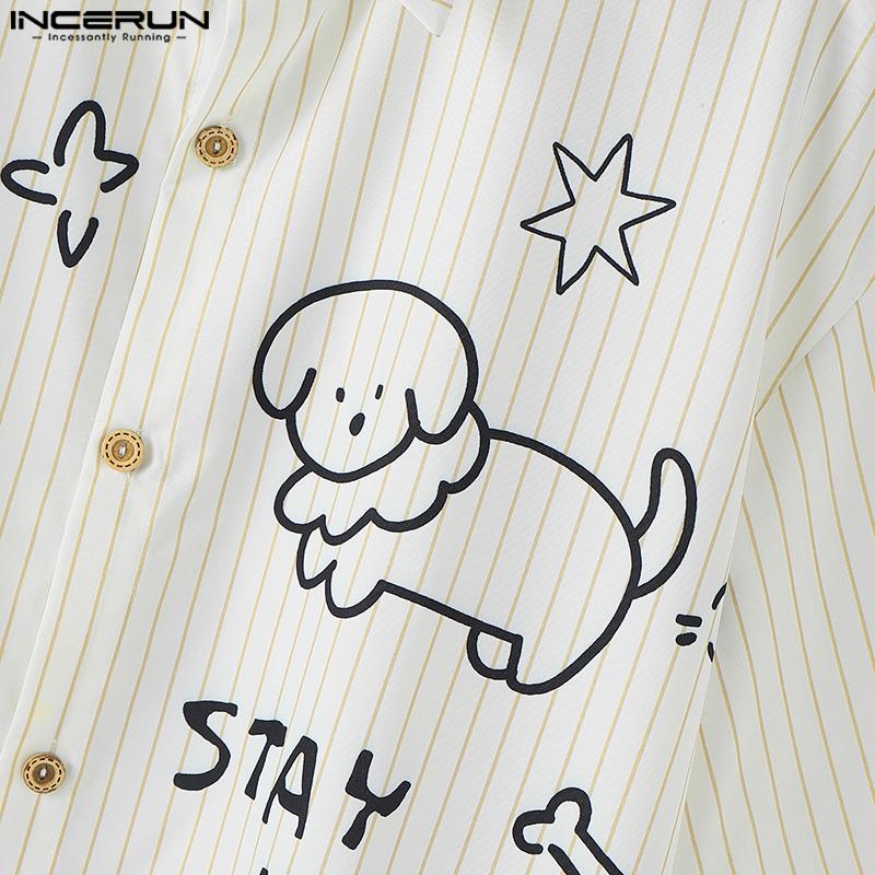 INCERUN Luźne Męskie Koszule Casual z Kołnierzykiem, Krótkim Rękawem i Paskami z Kreskówkowym Wzorem