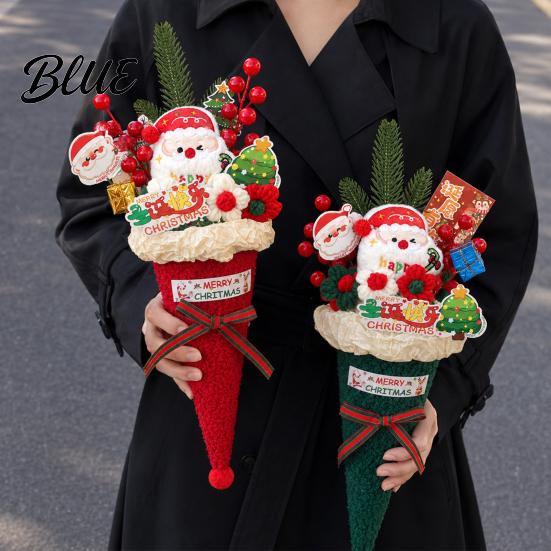 Handcrafted Holiday Keepsakes Christmas Cone Bouquet Plush Santa Claus Shaped Bouquet with Winter Home Accents Artificial Red Berrries Pine