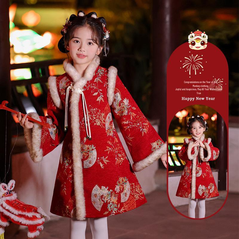 Dívčí zimní Hanfu 2025: Šaty v tangovém stylu s fleecovou podšívkou, stylové čchi-pao pro oslavy Nového roku