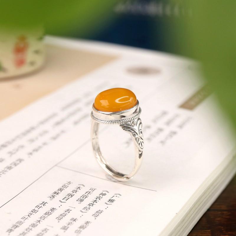 Adjustable Vintage Butterfly Motif Oval Resin Ring Women Men Boho Ethnic Style Copper Jewelry
