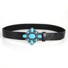 Fashion Bohemian Style Women's Belt Turquoise Inlaid Metal Buckle Personality Vintage Black Embossed PU Leather Belts Plus Size