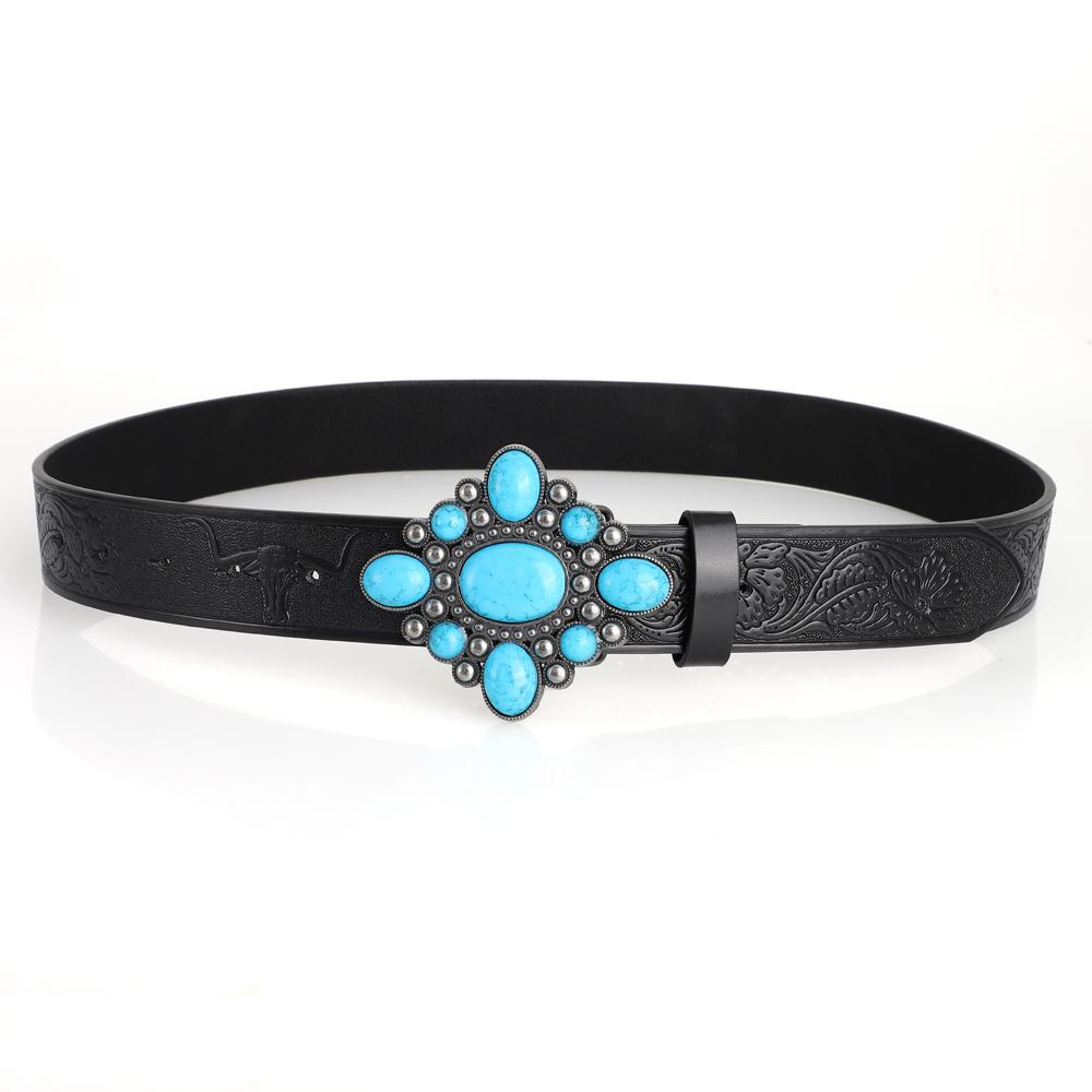 Fashion Bohemian Style Women's Belt Turquoise Inlaid Metal Buckle Personality Vintage Black Embossed PU Leather Belts Plus Size