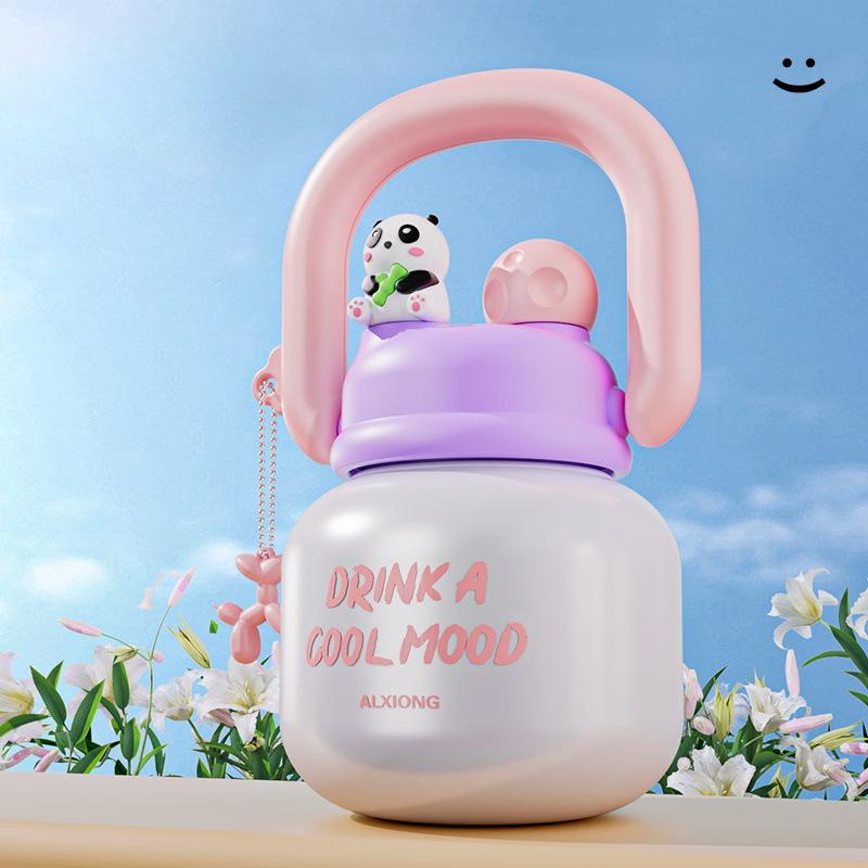 New Large Capacity with Straw Carrying Pot Stainless Steel Double-layer Vacuum Thermos Cup High Appearance Horizontal Hand Cup