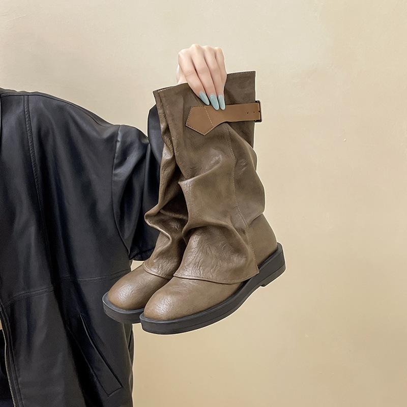 2025 retro belt buckle trousers women's western cowboy boots autumn and winter knee-high fashion boots