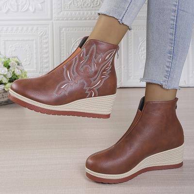 Fashion Retro Embroidered PU Leather Ankle Boots for Women Wedge Heel Platform Walking Shoes Woman Thick Sole Zip Short Boots Plus Size