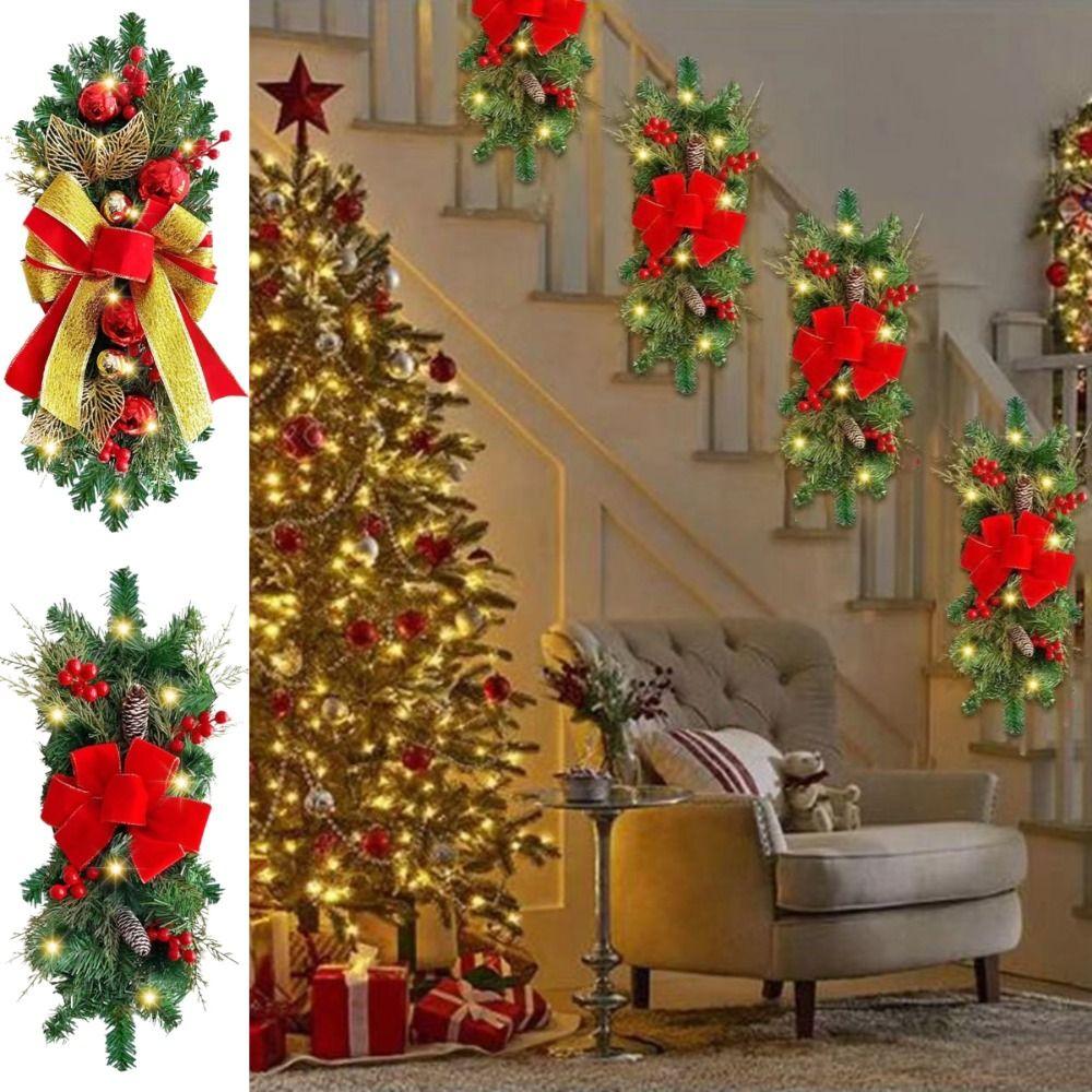 Fashion LED Christmas Wreath Pine Cone Gift Crafts Home Decor Red Rattan Bow Party Supplies Door Decoration Outdoor