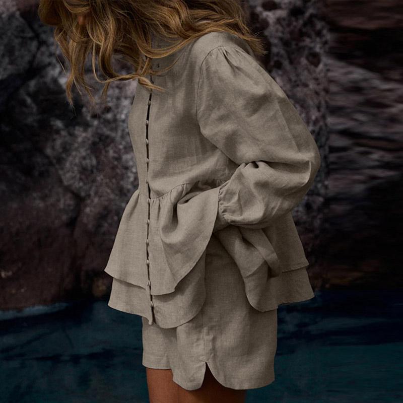 Women's Collar Double Layered Lace Shirt Shorts Set Solid Color Pleated Decoration Women's Summer Set Daily Casual Style Lady Clothes