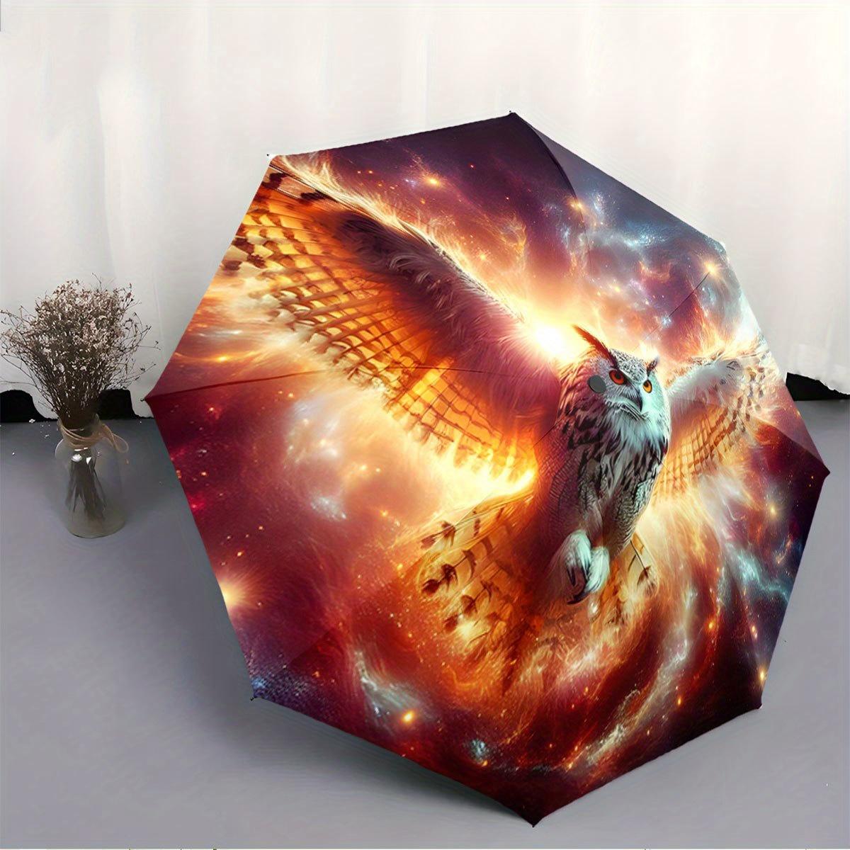 

Automatic Folding Umbrella - Fiery Owl Design, Portable & Collapsible for All Seasons, Perfect Casual Outdoor Accessory or Chr