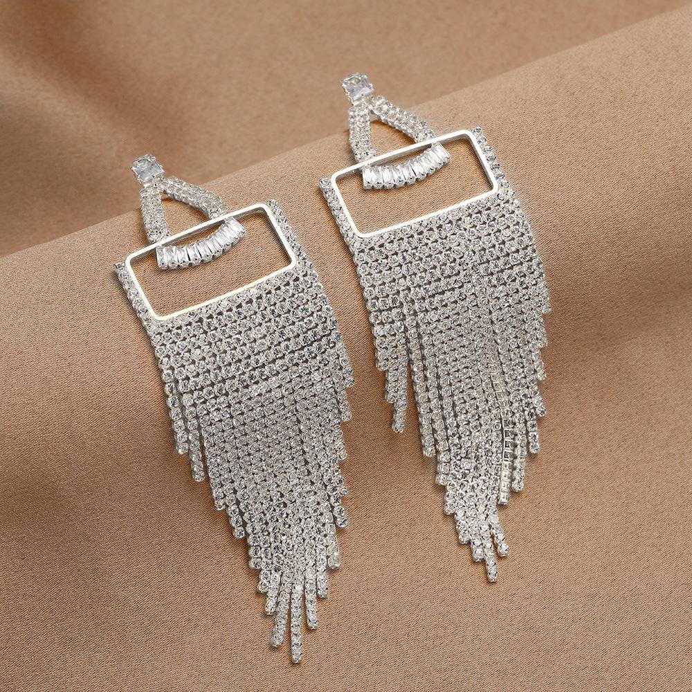 European  American Exaggerated Rhinestone Zirconia Tassel Bridal Earrings