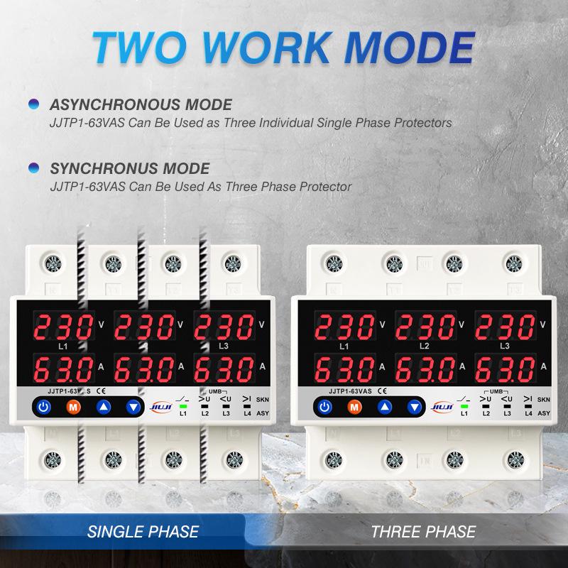 230V 63A/100A Over/Under Voltage Protector & Current Limiter, Three-Phase Four-Wire - JJTP1-63VAS