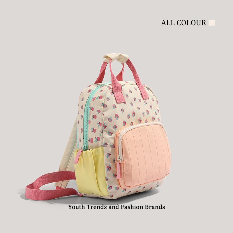 Strawberry print women's canvas backpack contrasting color cute backpack