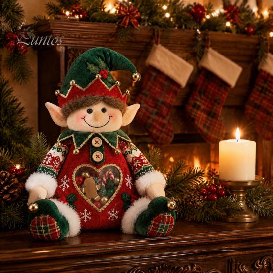 Plush Candy Storage Box Christmas Snack Bag, Clear Heart Window Doll with Back Zipper, Holiday Cookie Gift Soft Knitted Ornament Holder, Decorative