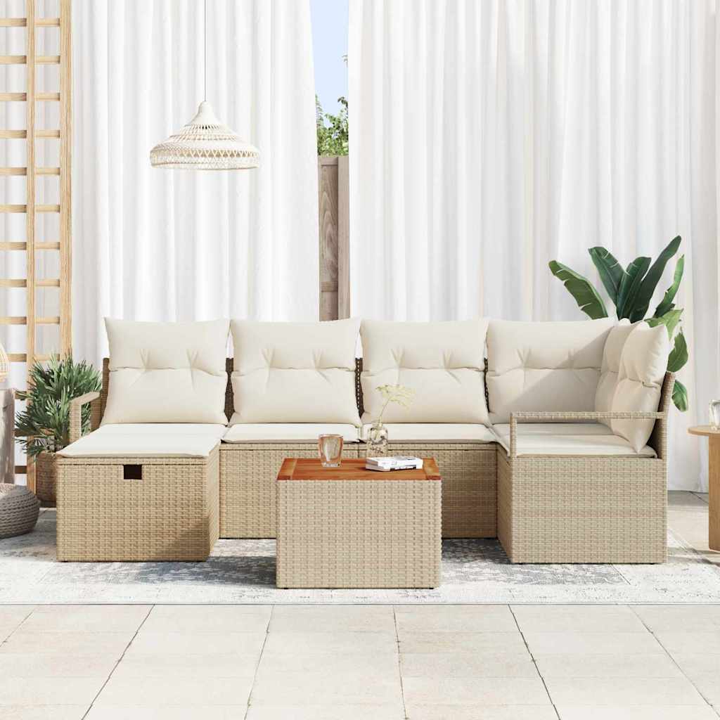 Garden Sofa Set with Cushions and Storage 7 Pieces Beige Poly Rattan