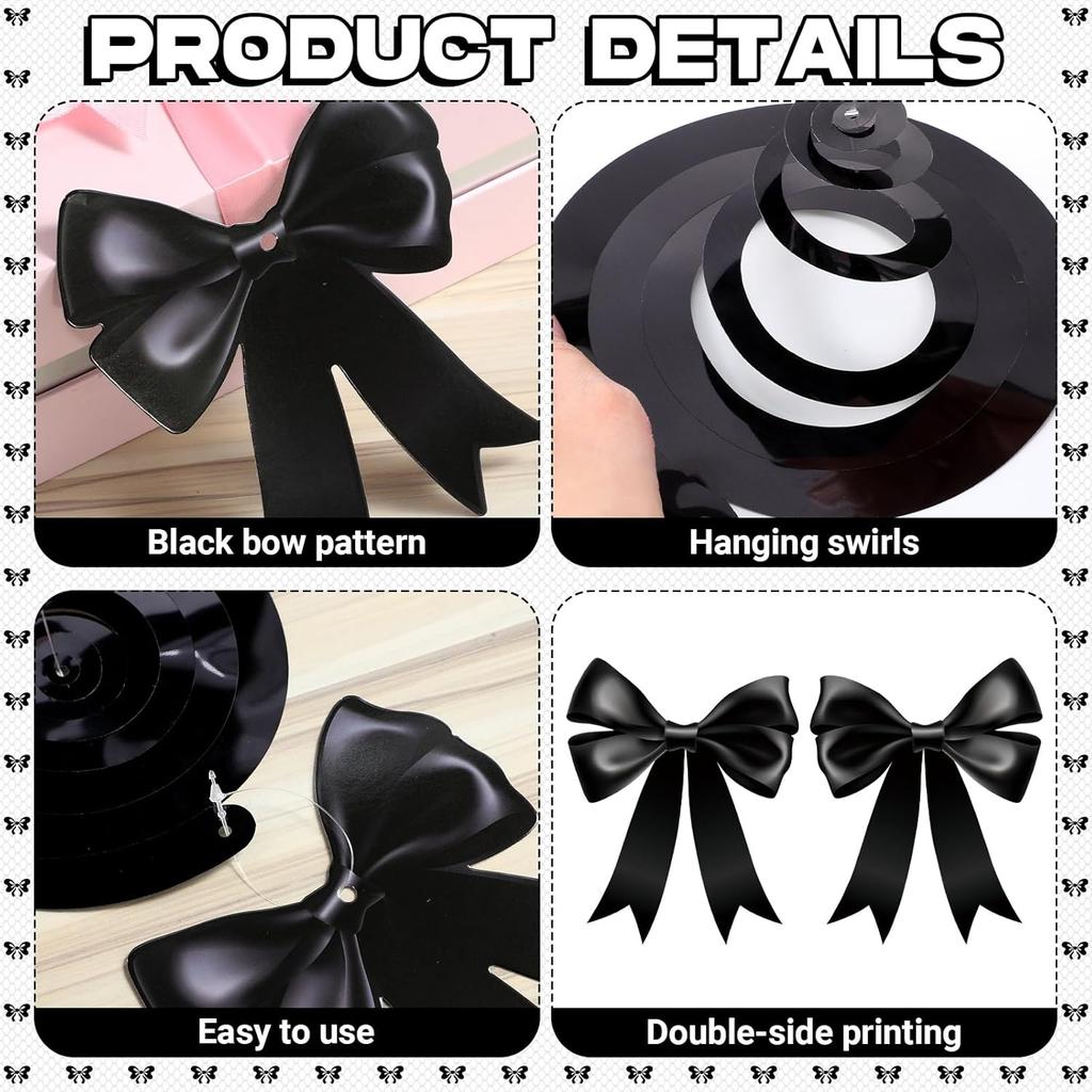 Clabby Black Bow Birthday Decorations Black Coquette Hanging Swirls Garland Banner Bow Party Decorations Ribbon Paper Cutouts for Girls Baby Shower