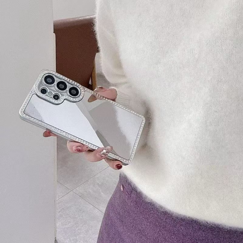 Luxury Electroplating Makeup Mirror Case For iPhone 17 16 15 14 18 Pro Max Samsung Galaxy S26 S25 S24 S23 Glitter Diamond Border Protection Back