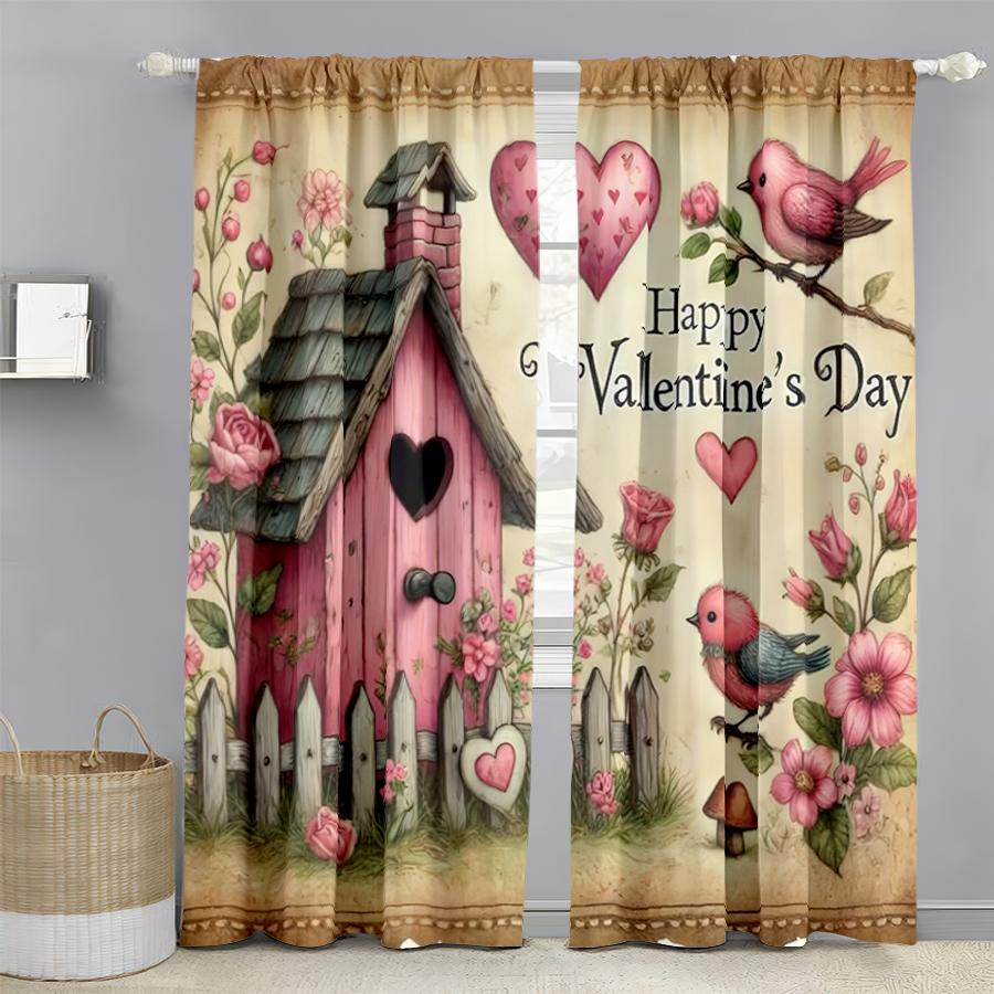 2PCS Retro Love Hut Valentine's Day Curtains   Romantic Style   Bedroom Living Room   Drawbar Pocket Decorative Curtains