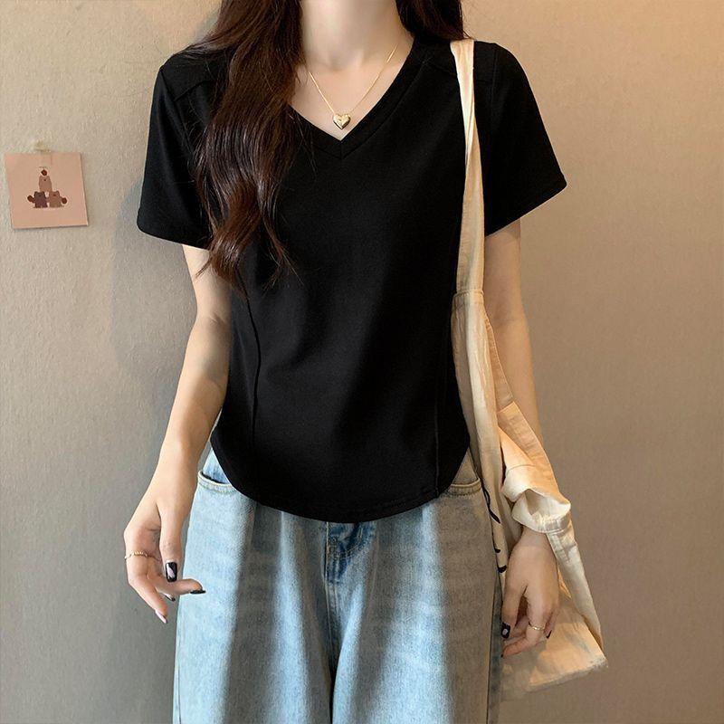 V-neck Short-sleeved Front Shoulder Slimming Fish Bone Irregular Base Top T-shirt for Women Spring and Summer New Short-sleeved Shirt