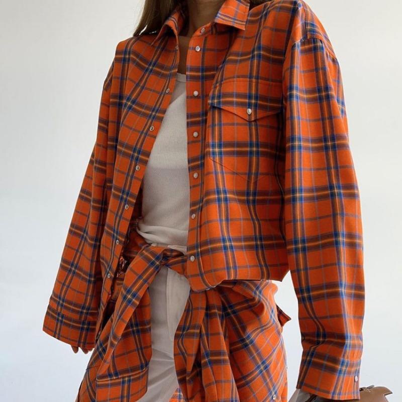 Camicie a Righe e a Quadri Morbide da Donna Stile Retrò Primavera/Autunno 2026 Collo a Revers a Quadri Manica Lunga Tasca Camicetta Casual Semplice Elegante Top Abbigliamento da Ufficio