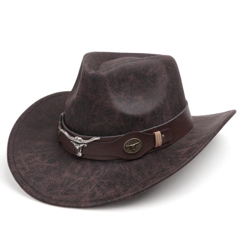 

Ethnic Style Suede Denim Fedora with Bull Head Accent - Retro Jazz & Western Cowboy Hat M (56-58cm) кавовий
